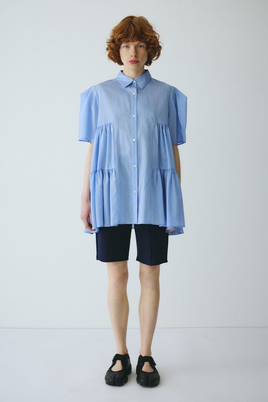 ［予約］Side gather A line shirt 柄BLU FREE