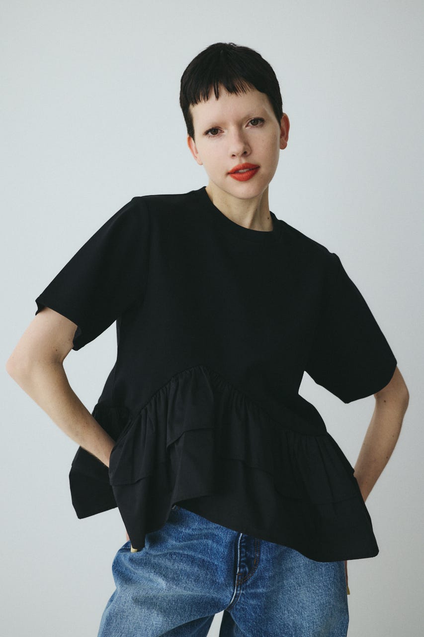 Frill hem ponte tops BLK FREE