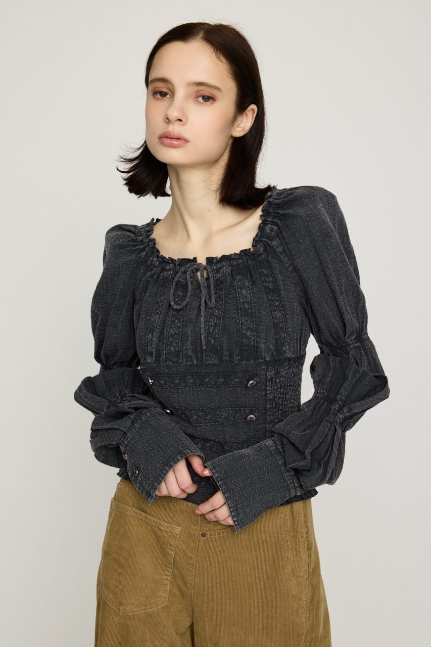 WASHED BUTTON SHIRRING ブラウス