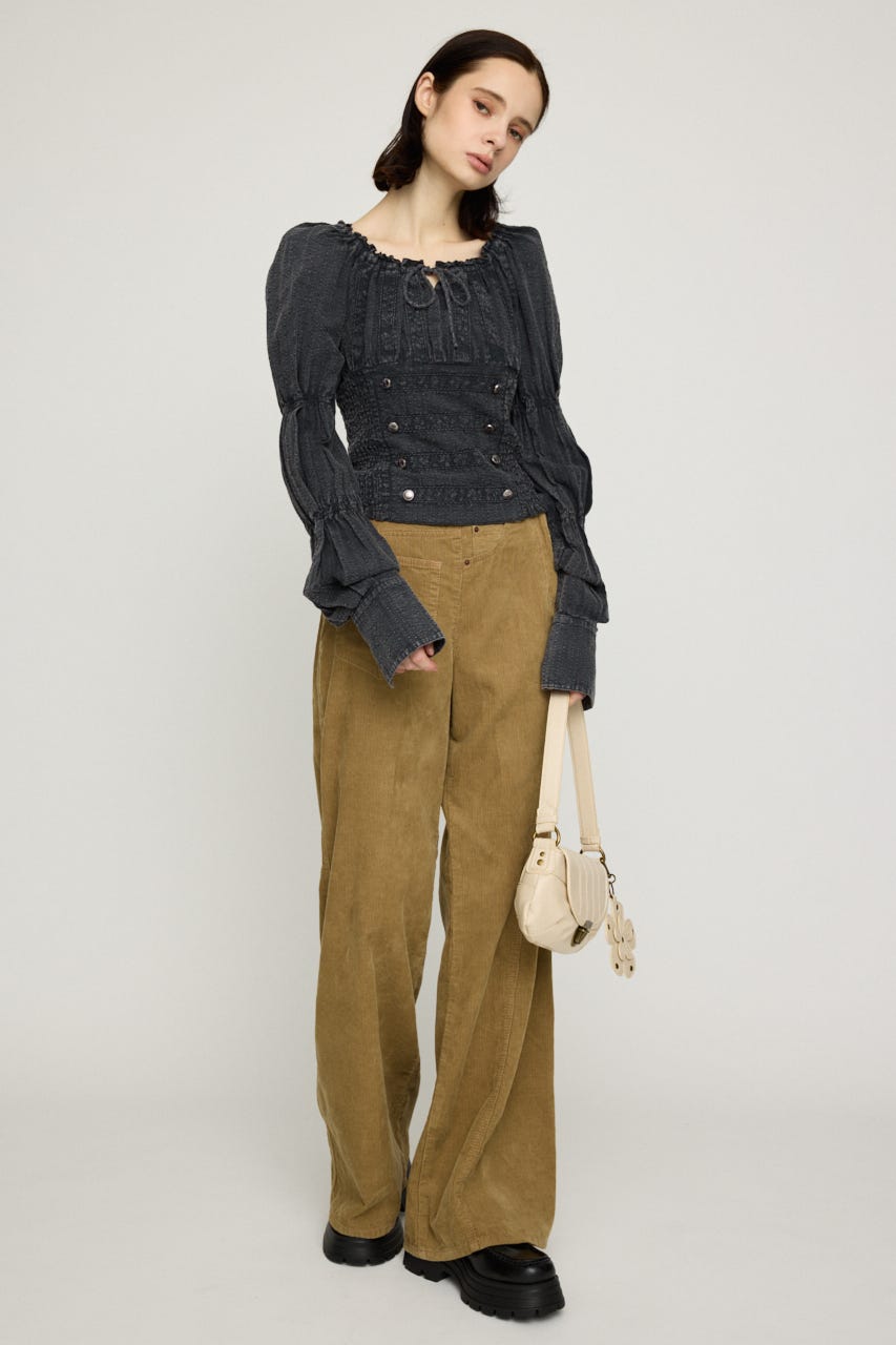 WASHED BUTTON SHIRRING ブラウス L/BLK FREE