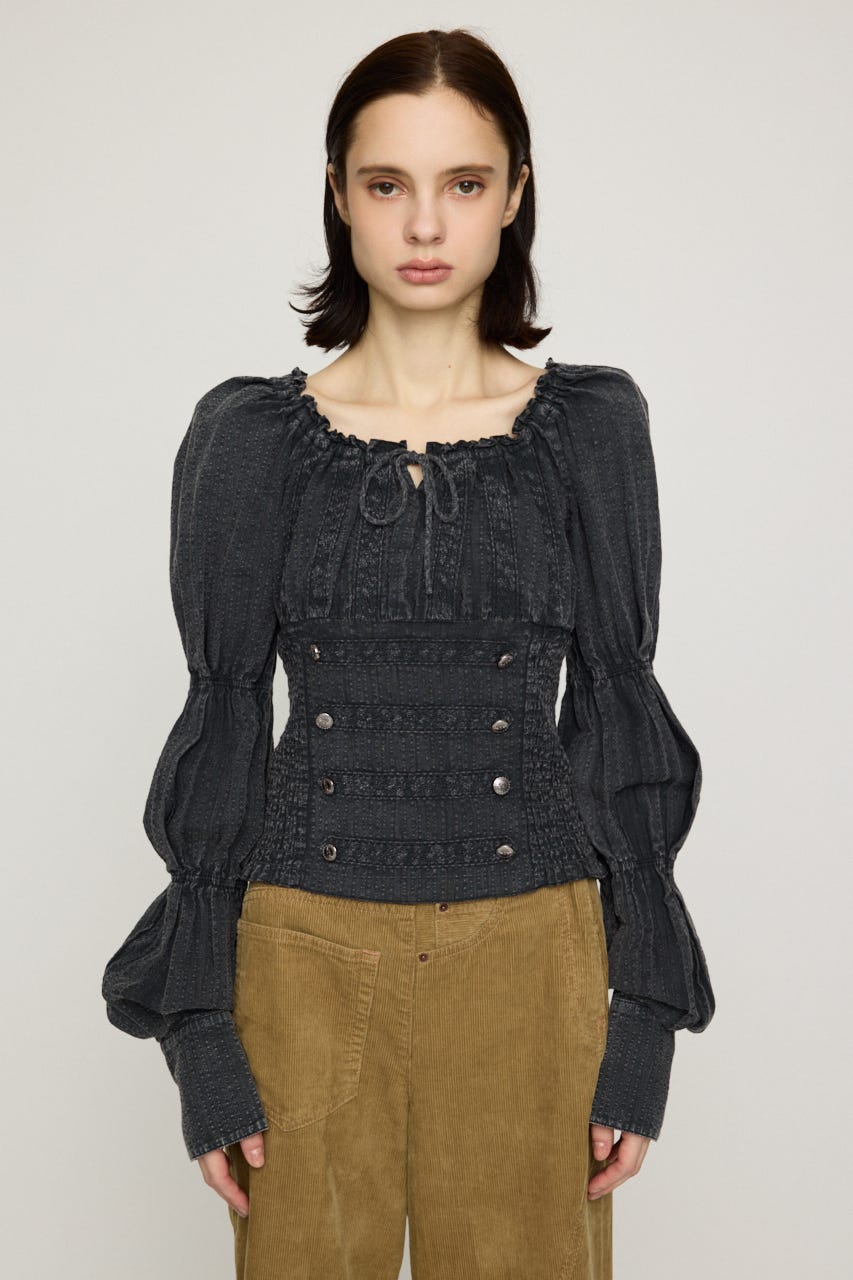 WASHED BUTTON SHIRRING ブラウス L/BLK FREE