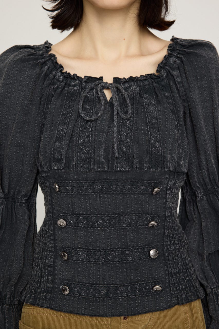 WASHED BUTTON SHIRRING ブラウス L/BLK FREE
