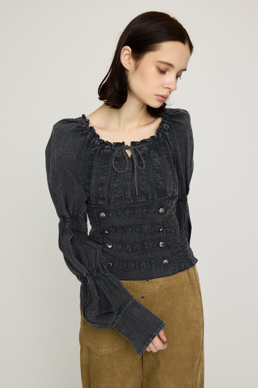 WASHED BUTTON SHIRRING ブラウス L/BLK FREE