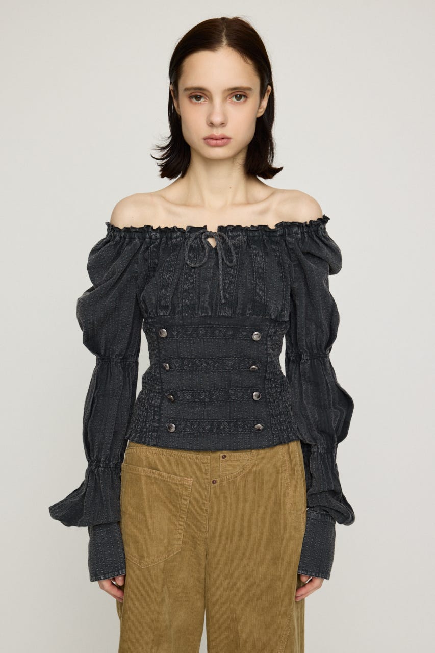 WASHED BUTTON SHIRRING ブラウス L/BLK FREE