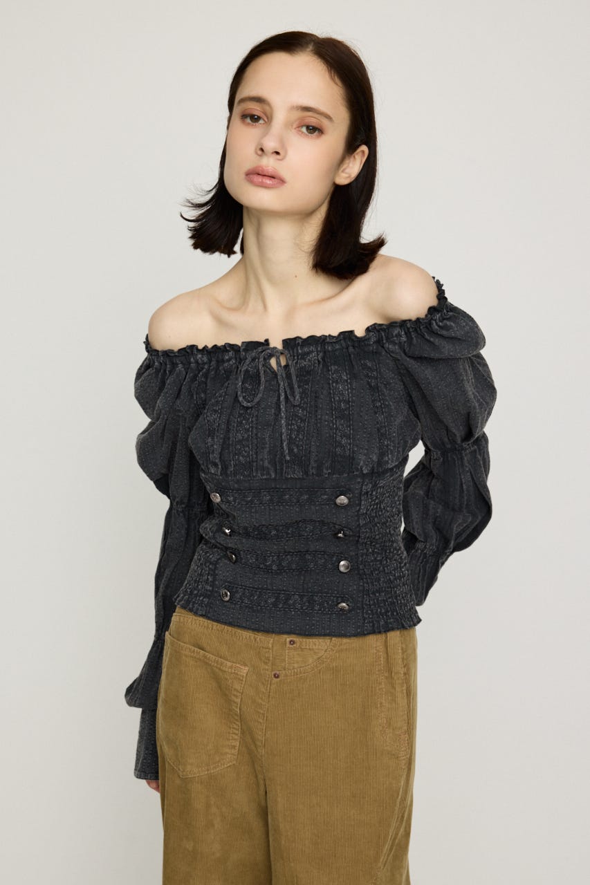 WASHED BUTTON SHIRRING ブラウス L/BLK FREE