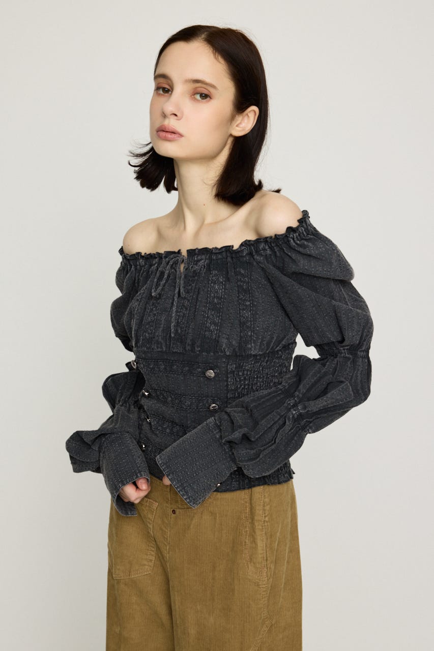 WASHED BUTTON SHIRRING ブラウス L/BLK FREE