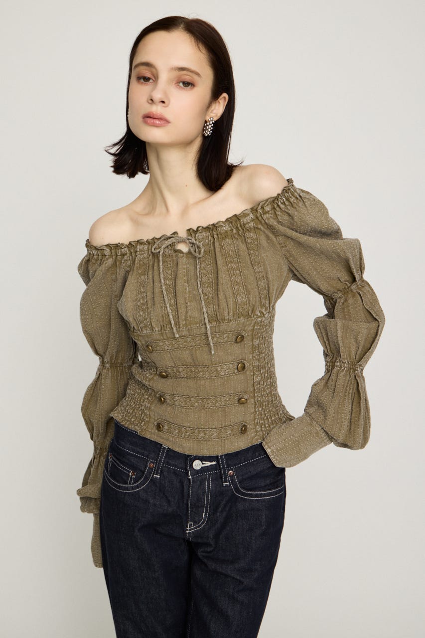 WASHED BUTTON SHIRRING ブラウス L/KHA FREE