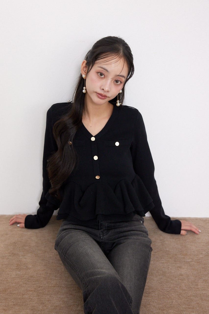 ボタンロングスリーブペプラムニットトップス BLK FREE