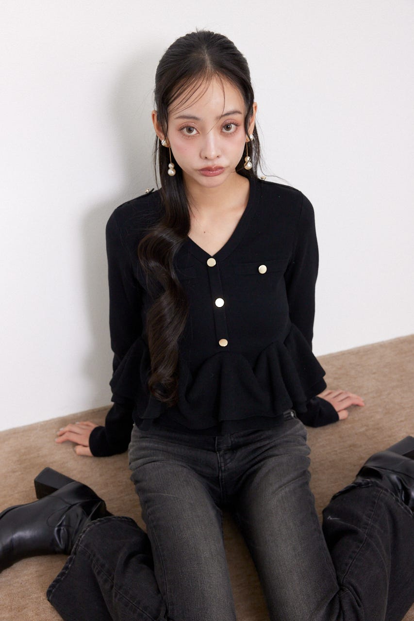 ボタンロングスリーブペプラムニットトップス BLK FREE