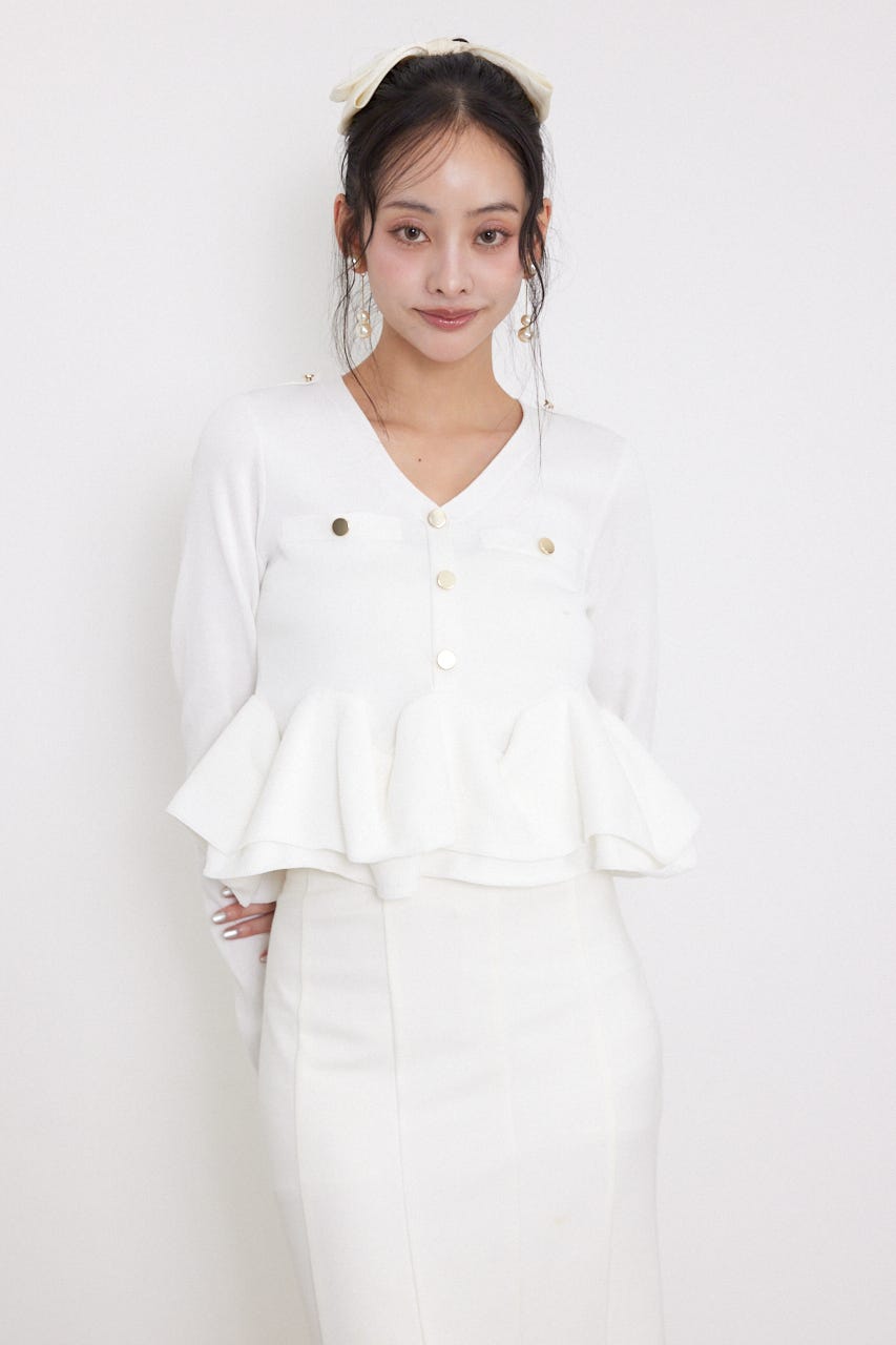 ボタンロングスリーブペプラムニットトップス WHT FREE