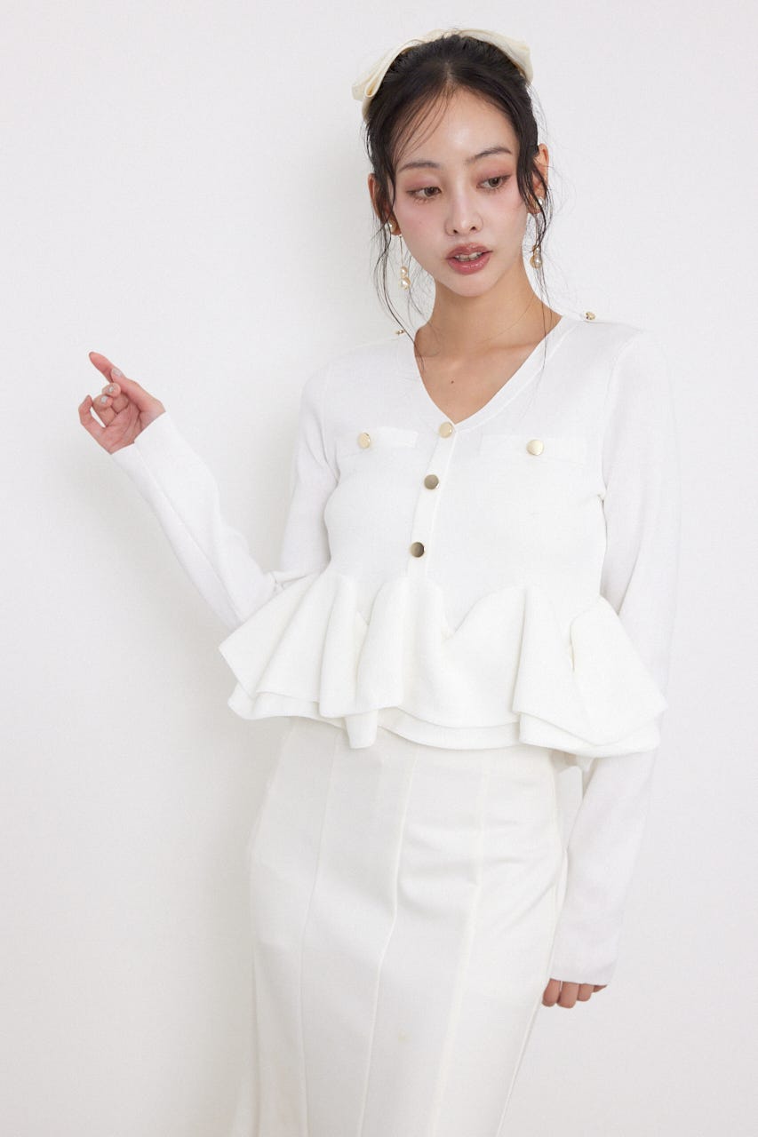ボタンロングスリーブペプラムニットトップス WHT FREE