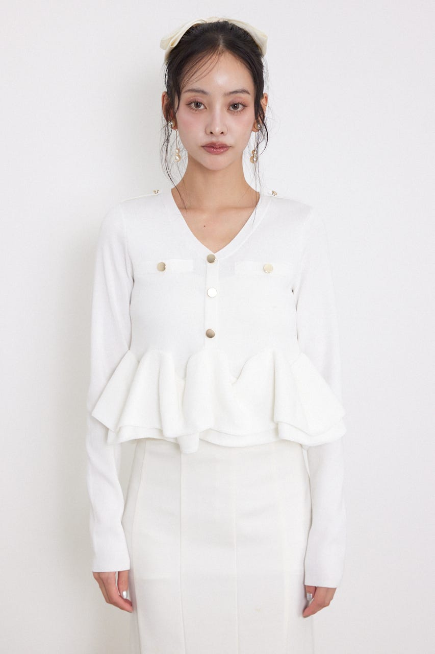 ボタンロングスリーブペプラムニットトップス WHT FREE