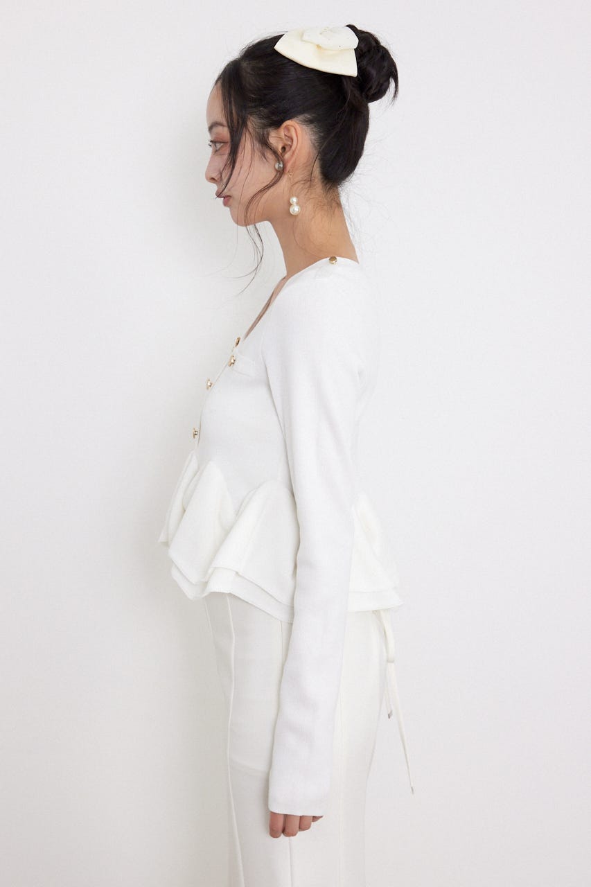 ボタンロングスリーブペプラムニットトップス WHT FREE