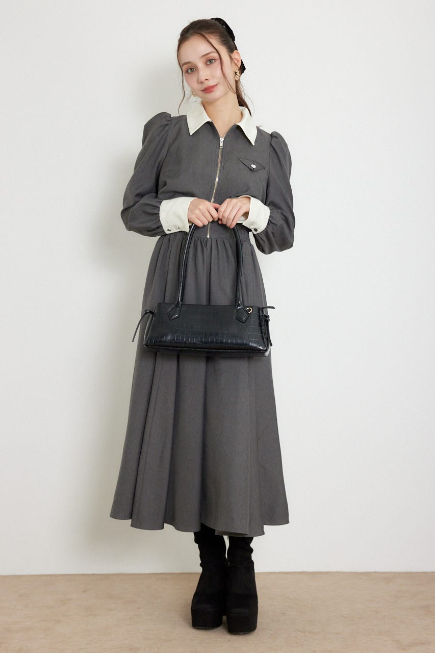 バストディティールロングスリーブフレアワンピース GRY S