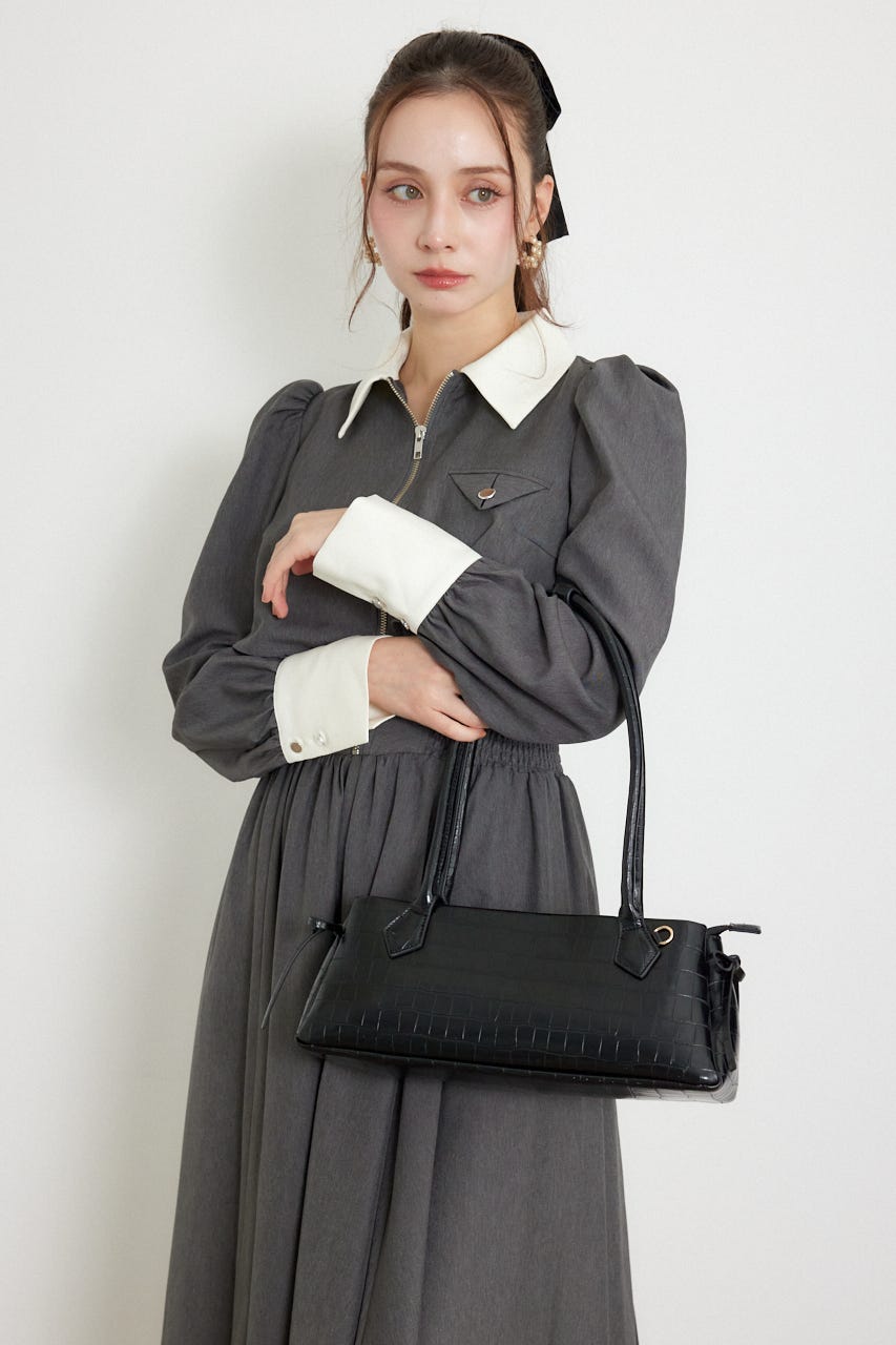 バストディティールロングスリーブフレアワンピース GRY S