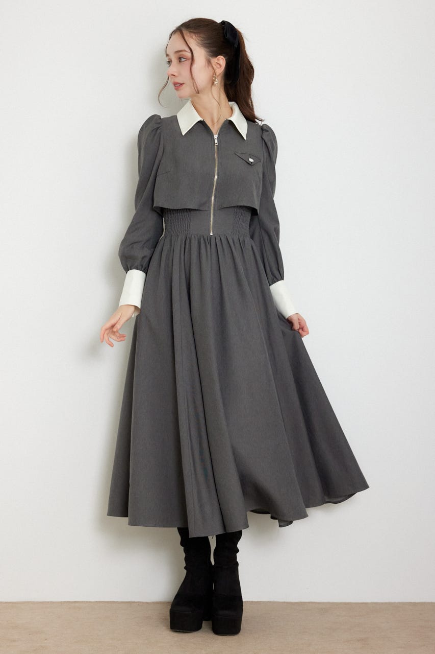 バストディティールロングスリーブフレアワンピース GRY S