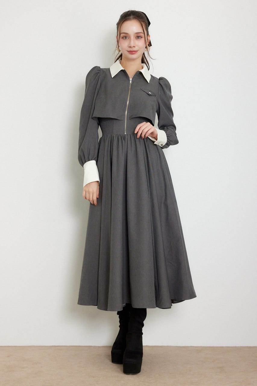 バストディティールロングスリーブフレアワンピース GRY S