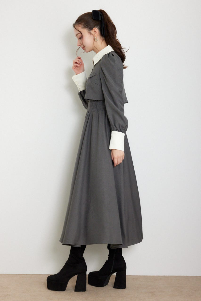 バストディティールロングスリーブフレアワンピース GRY S