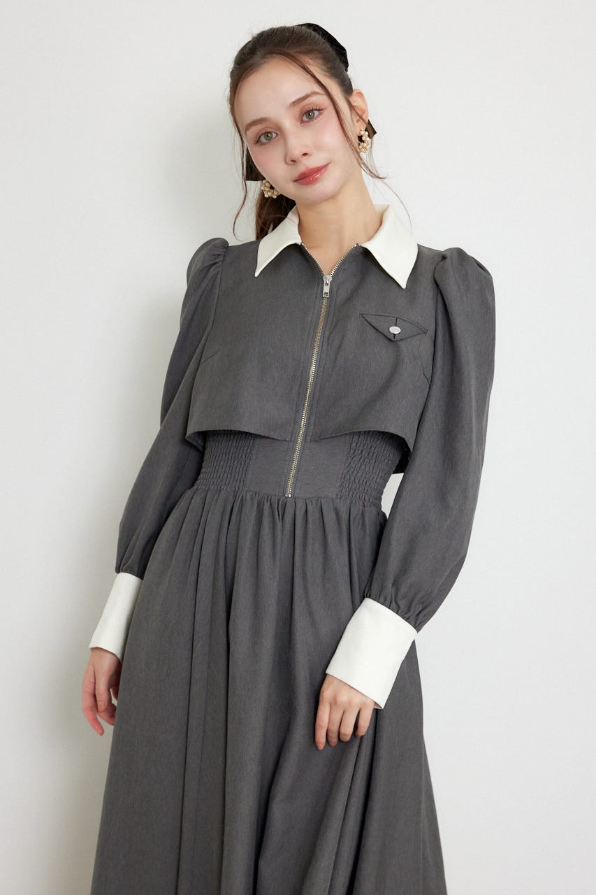 バストディティールロングスリーブフレアワンピース GRY S