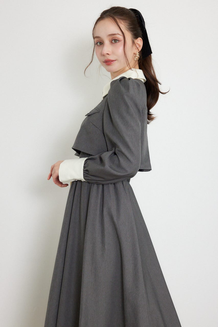 バストディティールロングスリーブフレアワンピース GRY S