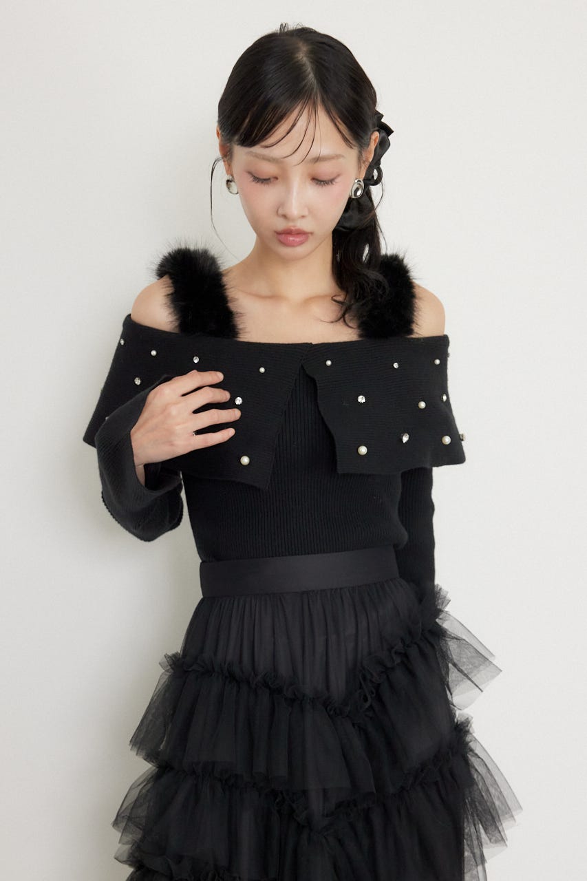 ショルダーフェイクファービジューニットトップス BLK FREE