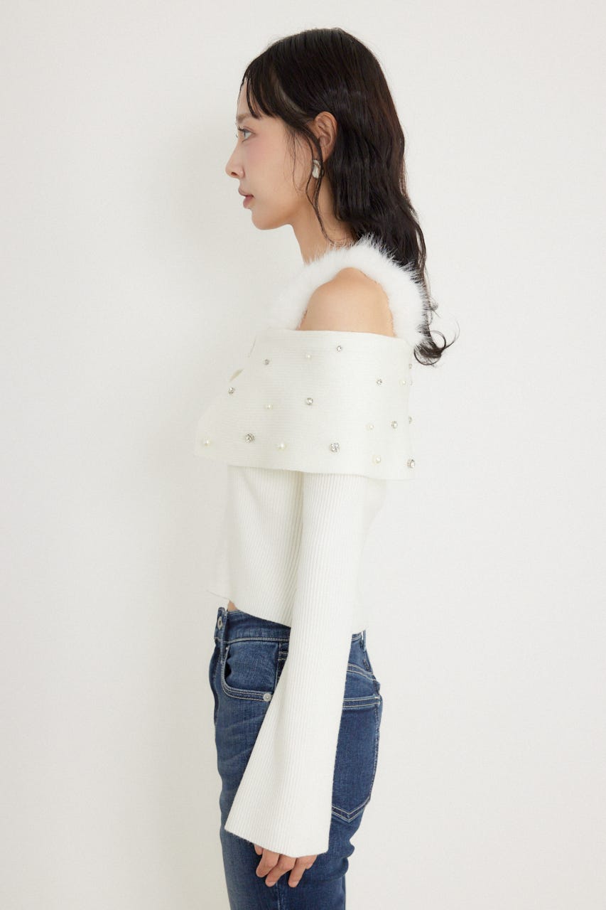 ショルダーフェイクファービジューニットトップス WHT FREE