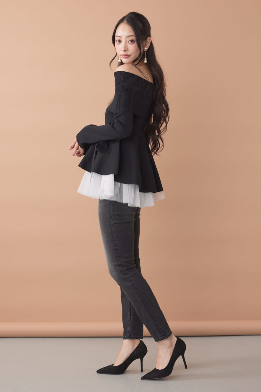 チュールレイヤードペプラムニットトップス BLK FREE