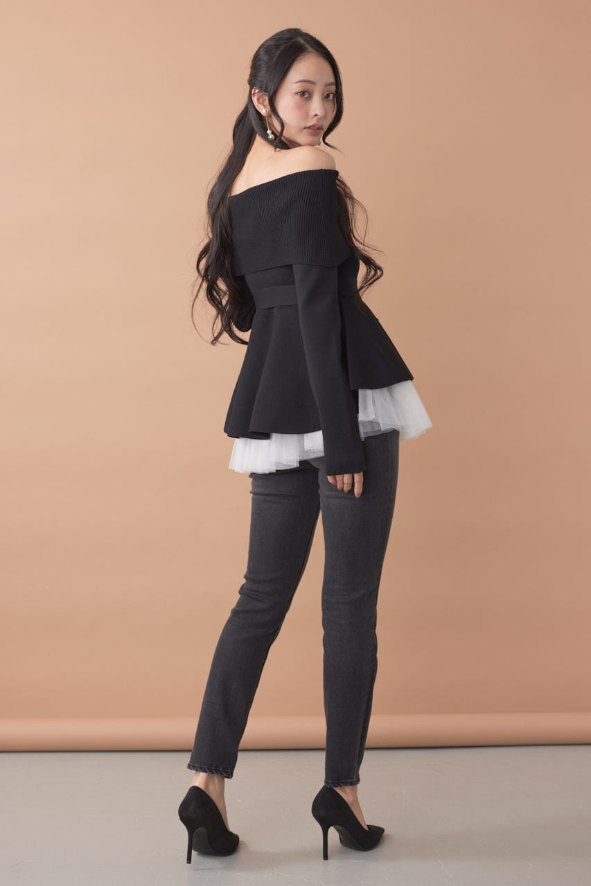 チュールレイヤードペプラムニットトップス BLK FREE