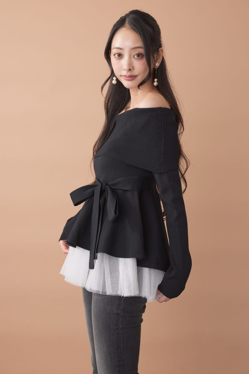 チュールレイヤードペプラムニットトップス BLK FREE