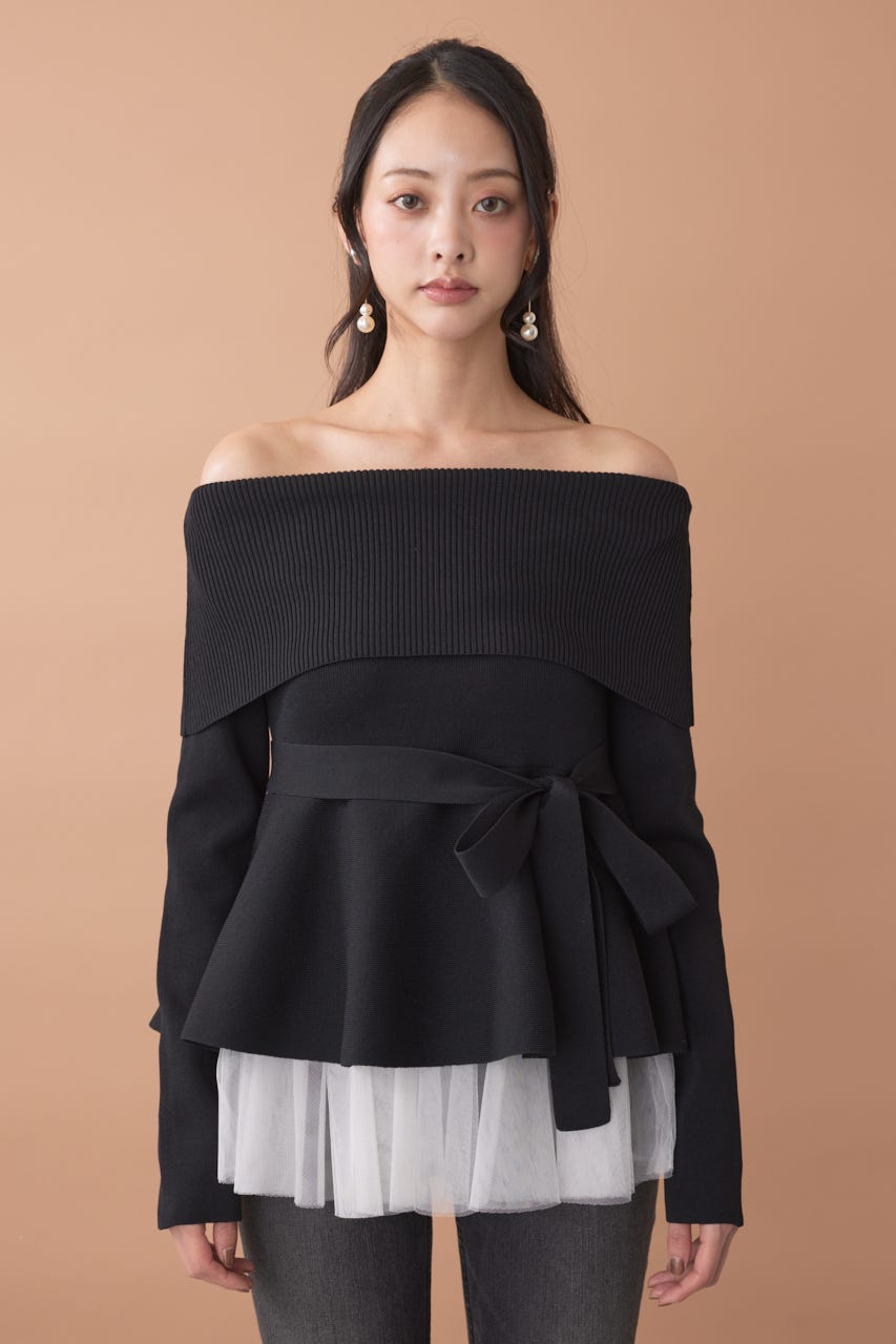 チュールレイヤードペプラムニットトップス BLK FREE