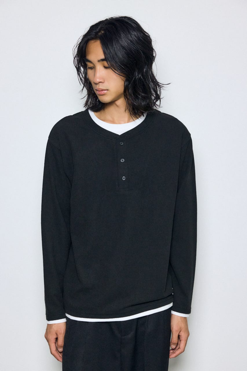 フェイクレイヤードヘンリーネックトップス BLK M