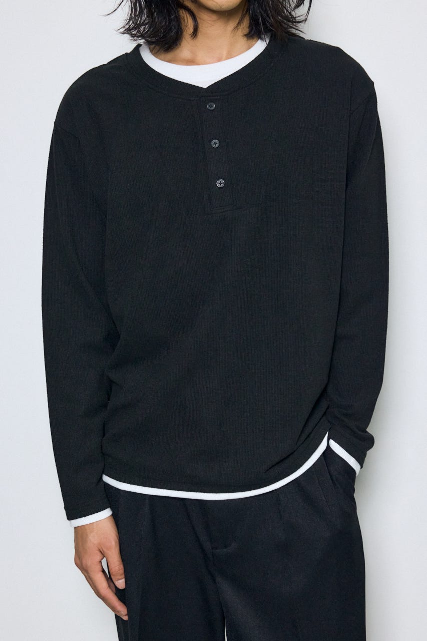 フェイクレイヤードヘンリーネックトップス BLK M