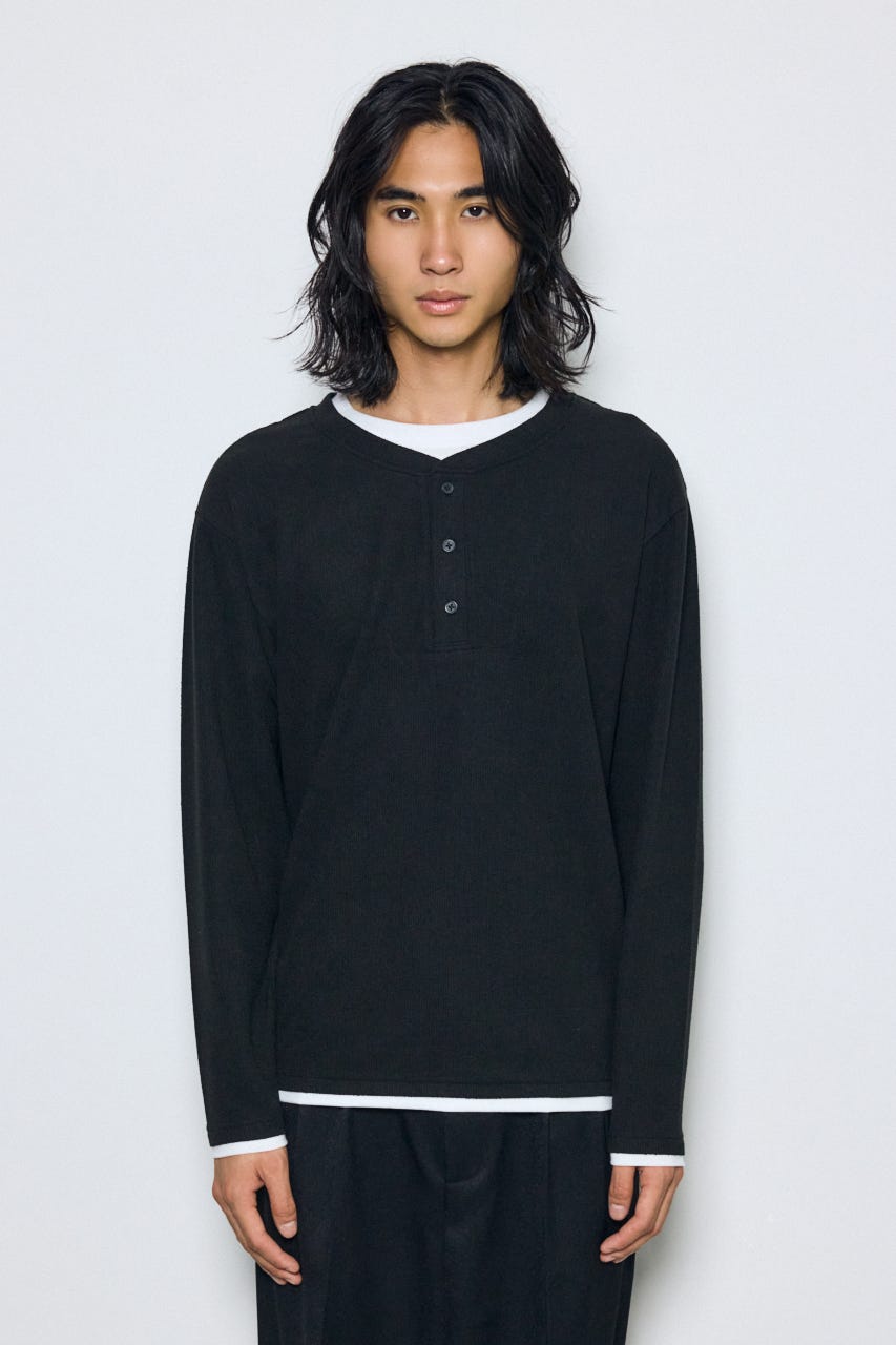 フェイクレイヤードヘンリーネックトップス BLK M