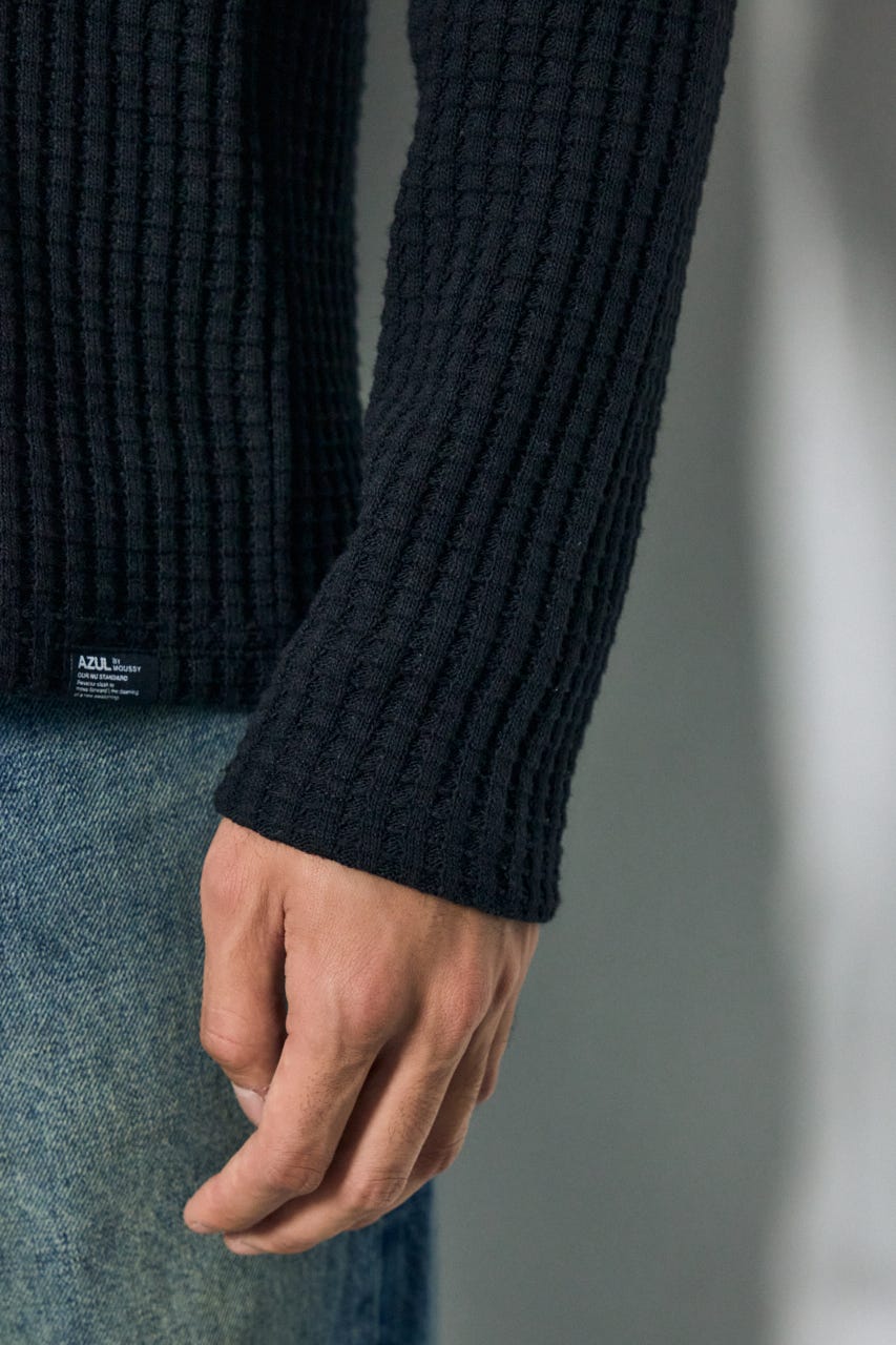 ヘビーワッフルVネックトップス BLK M