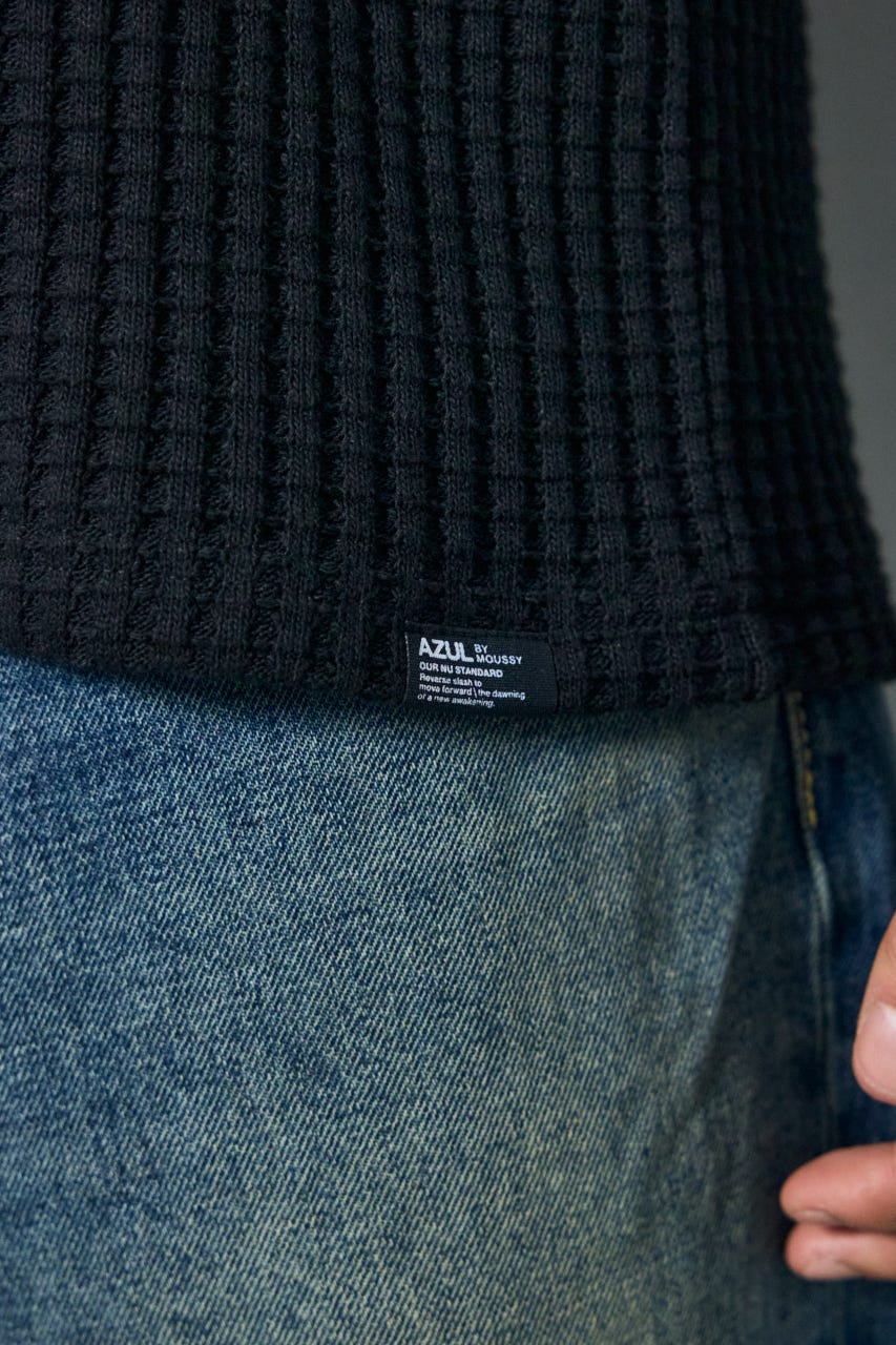 ヘビーワッフルVネックトップス BLK M