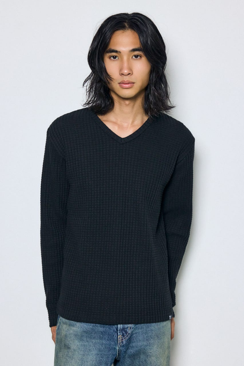 ヘビーワッフルVネックトップス BLK M