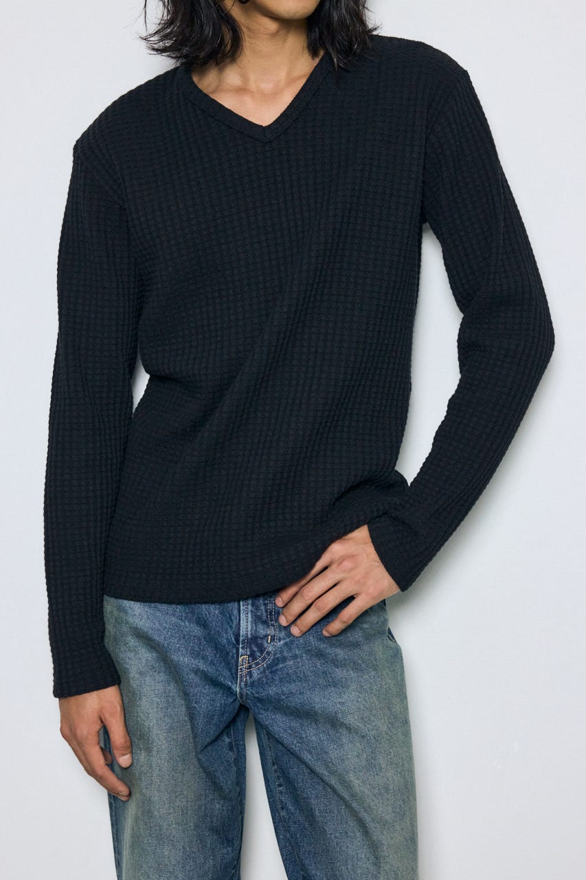 ヘビーワッフルVネックトップス BLK M