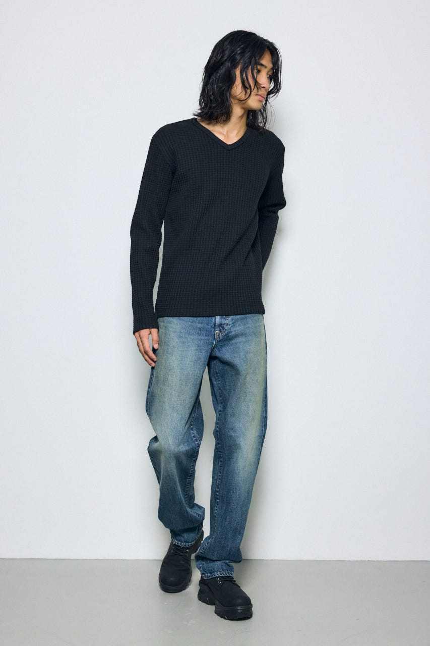 ヘビーワッフルVネックトップス BLK M