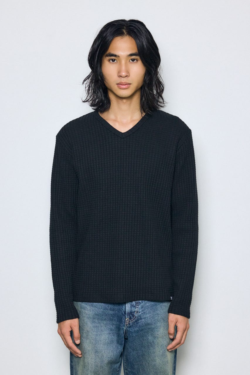 ヘビーワッフルVネックトップス BLK M