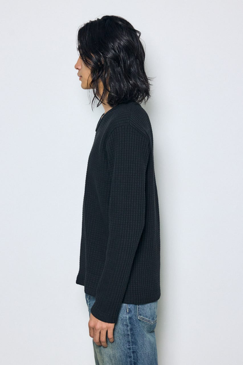 ヘビーワッフルVネックトップス BLK M