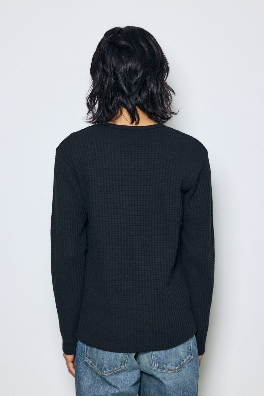 ヘビーワッフルVネックトップス BLK M