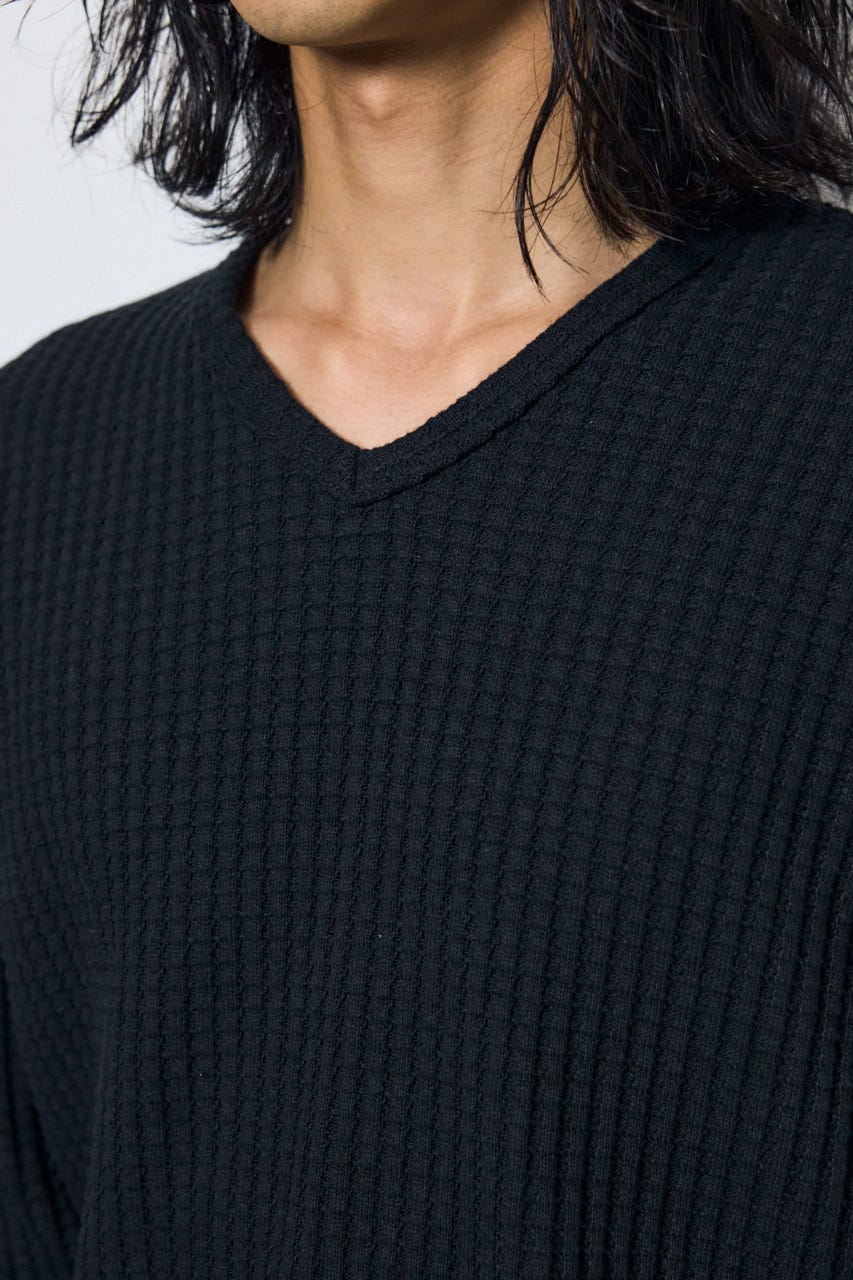 ヘビーワッフルVネックトップス BLK M