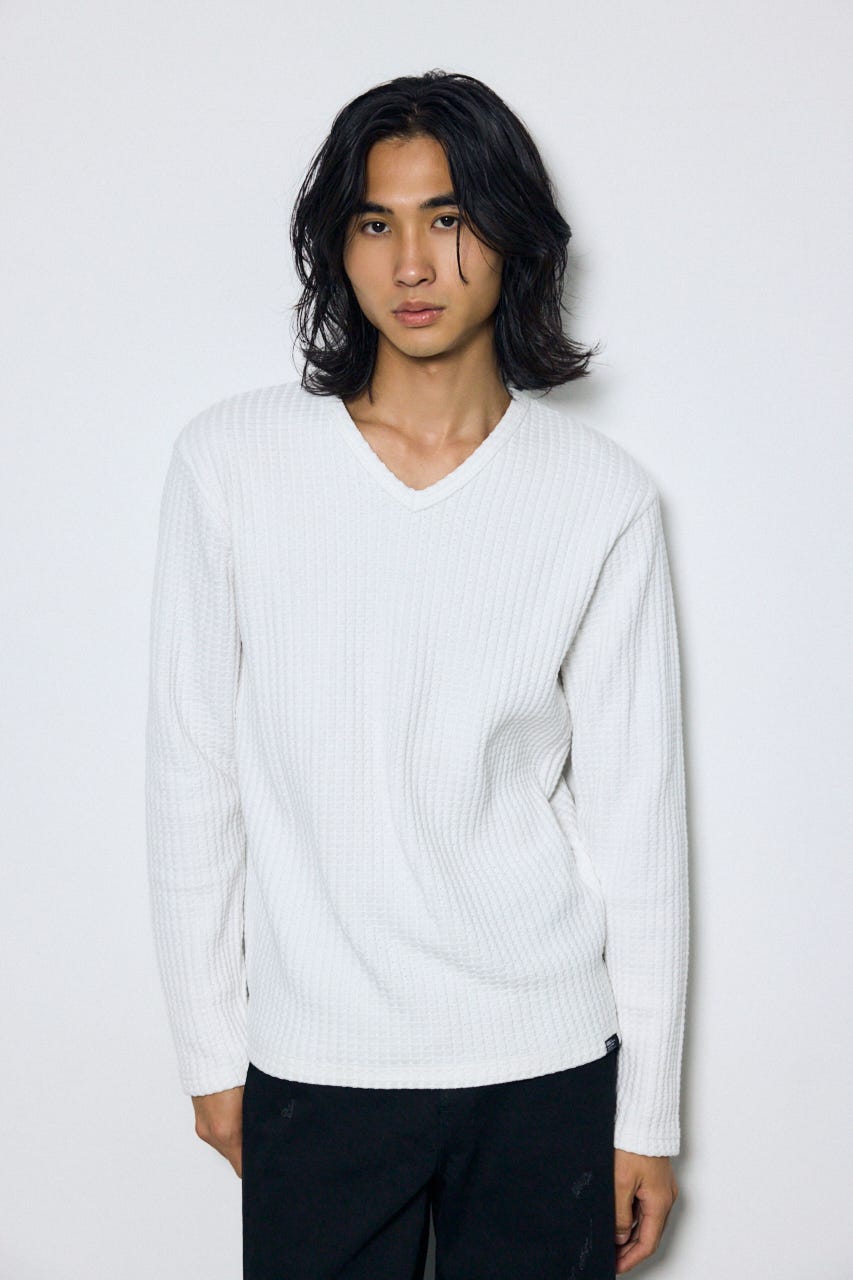 ヘビーワッフルVネックトップス WHT M
