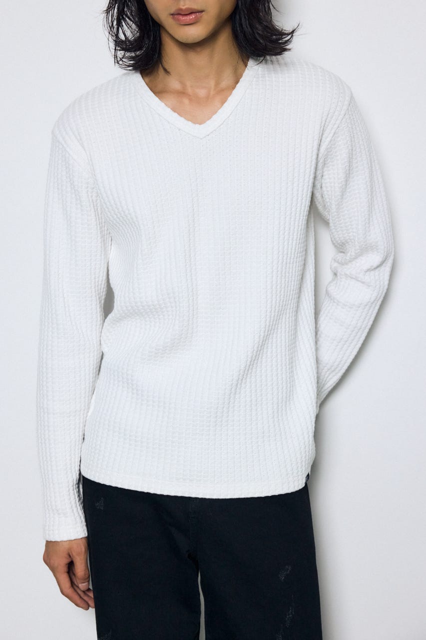 ヘビーワッフルVネックトップス WHT M