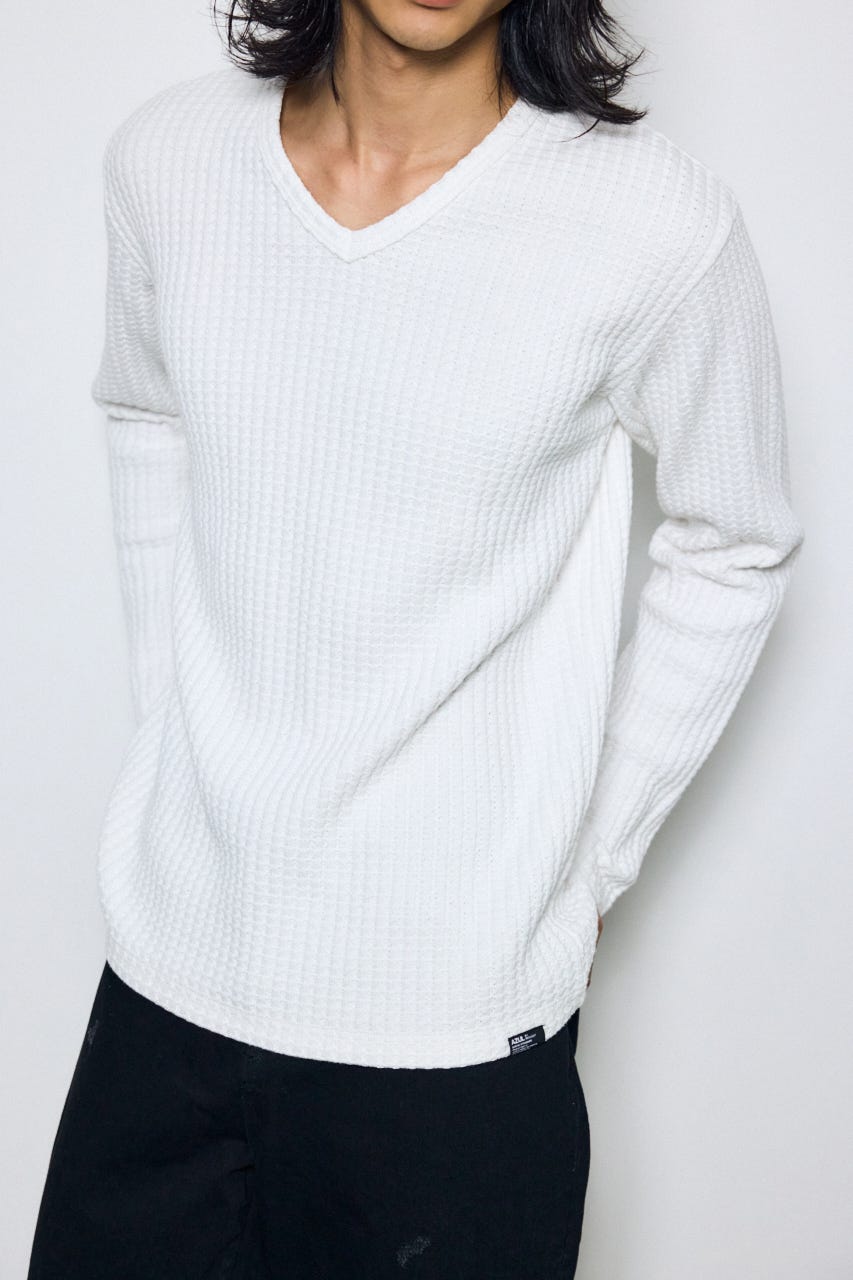 ヘビーワッフルVネックトップス WHT M