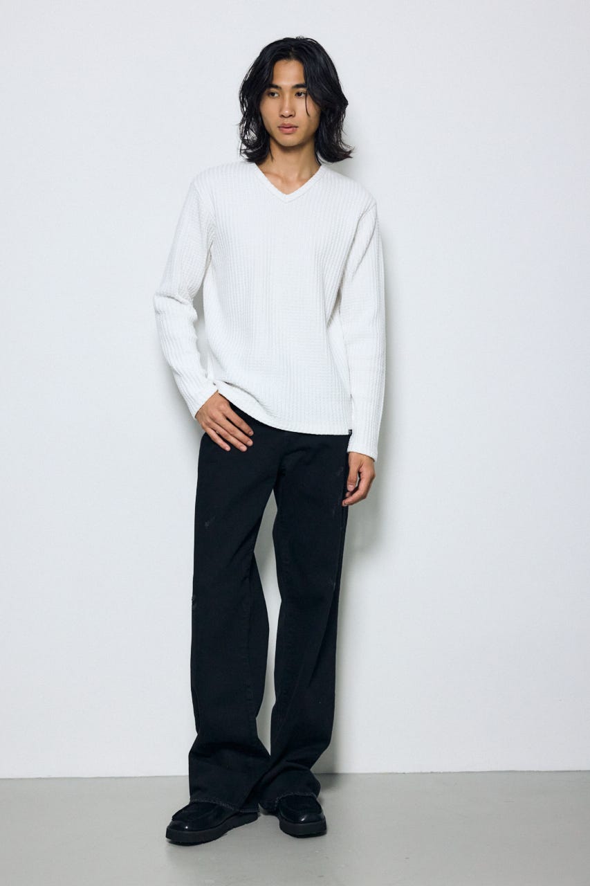 ヘビーワッフルVネックトップス WHT M