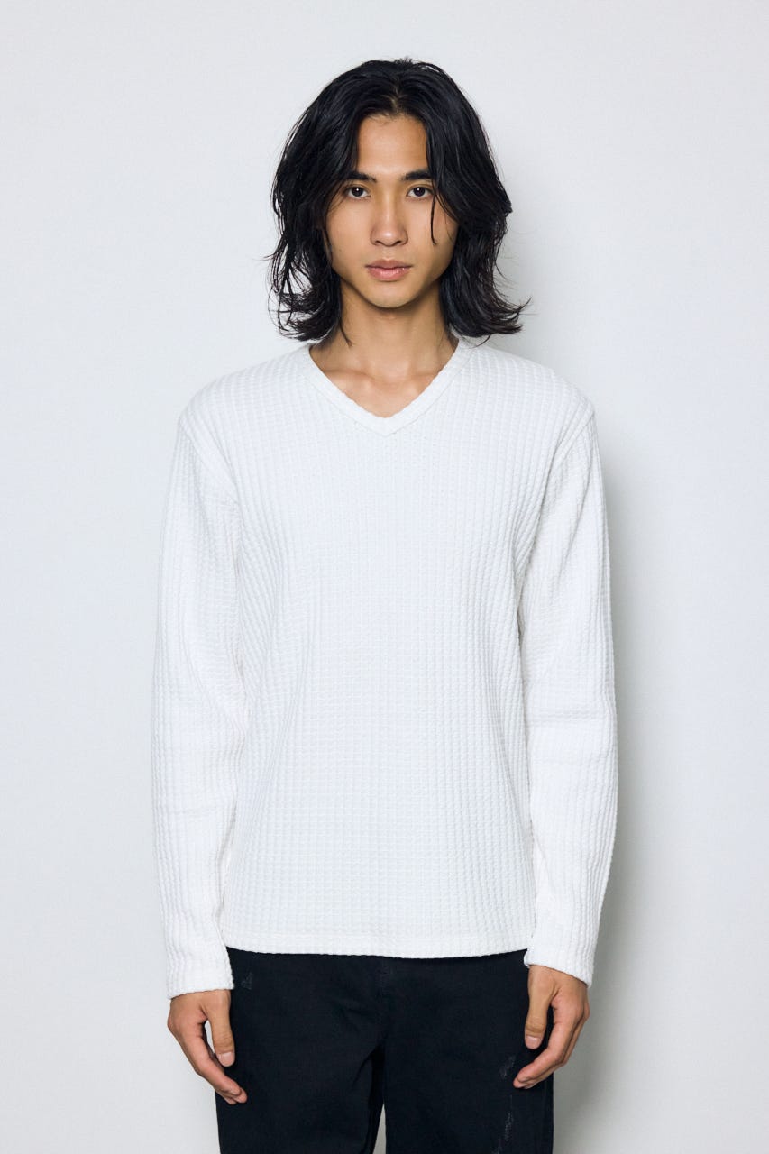 ヘビーワッフルVネックトップス WHT M