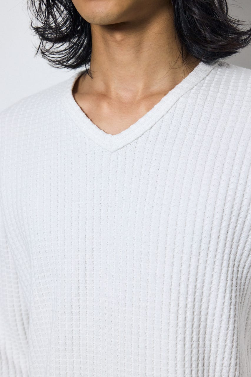 ヘビーワッフルVネックトップス WHT M