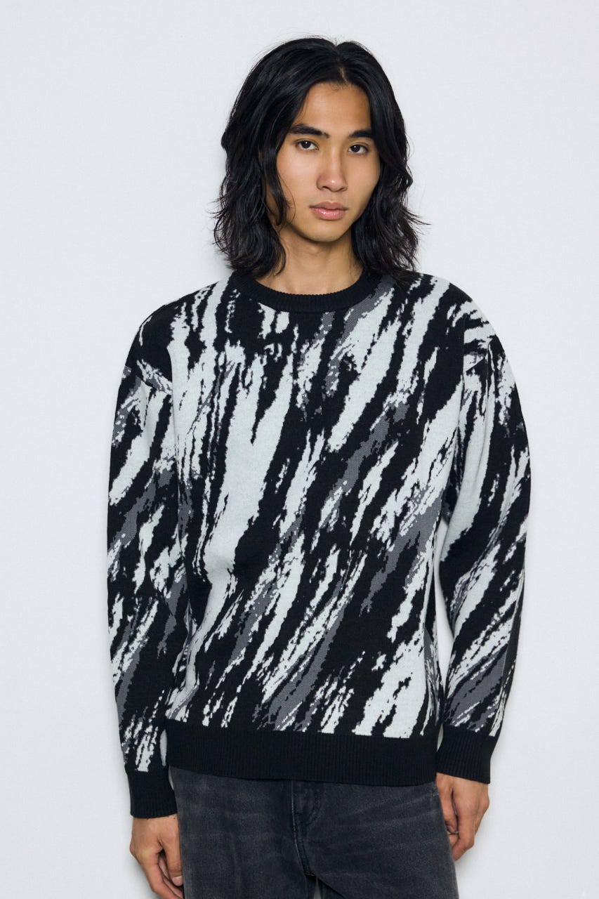 総柄ニットトップス 柄BLK M