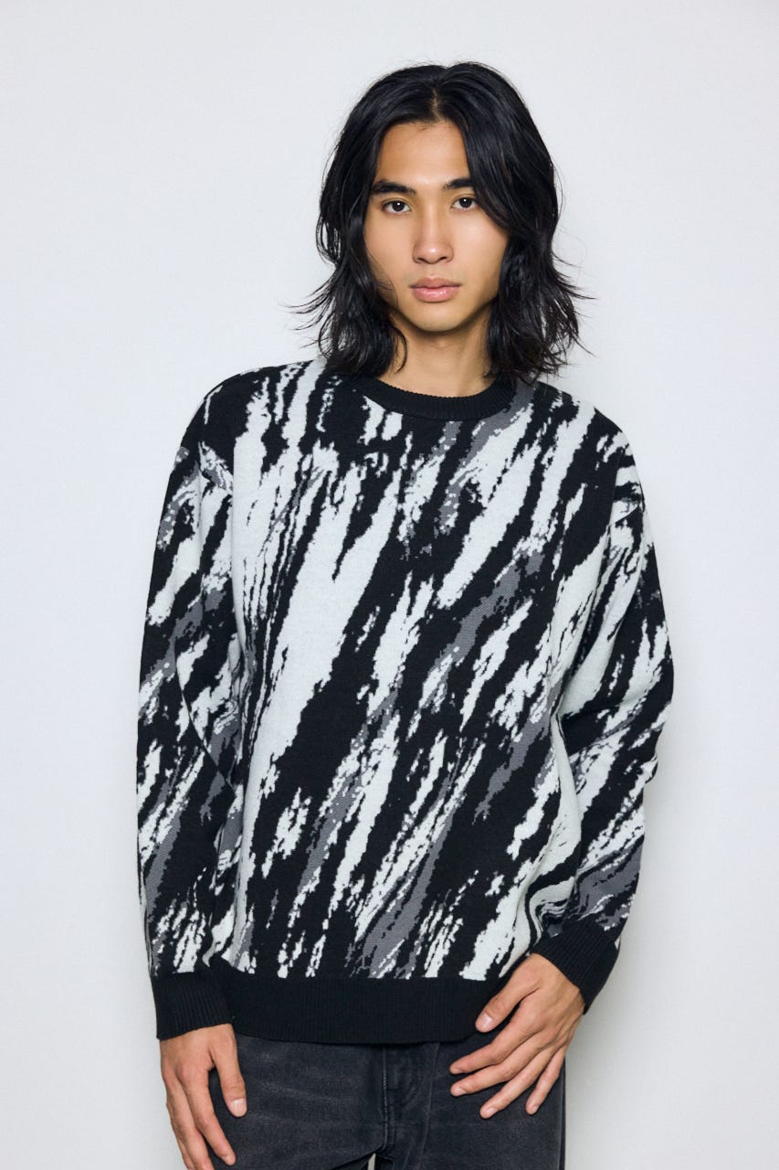 総柄ニットトップス 柄BLK M
